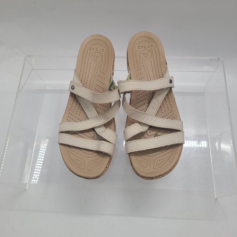 Crocs A-Leigh Cork Wedge Heel Sandals Women's 8 M Beige Leather Straps